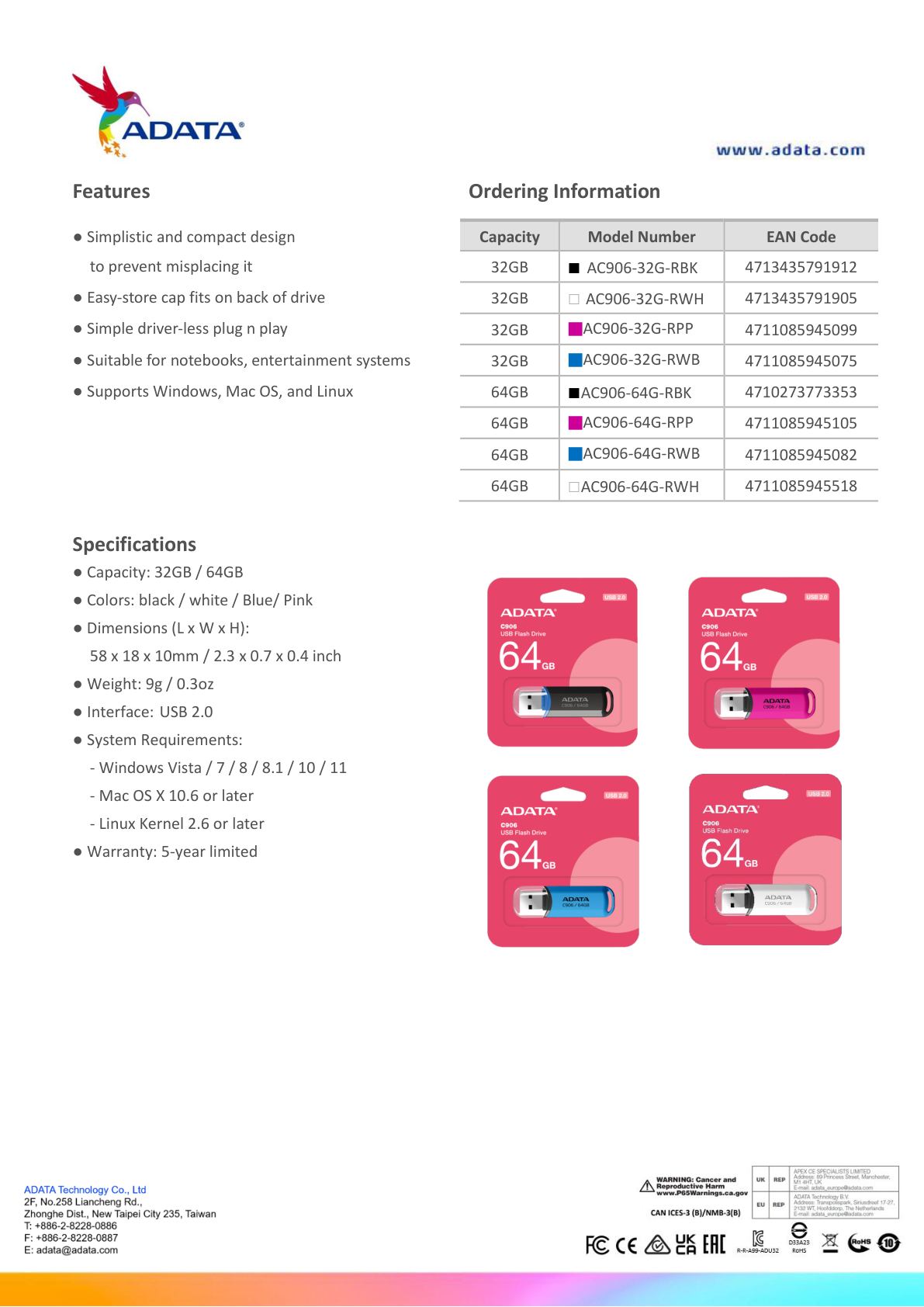 Memoria Adata 64GB USB 2.0 C906 rosa