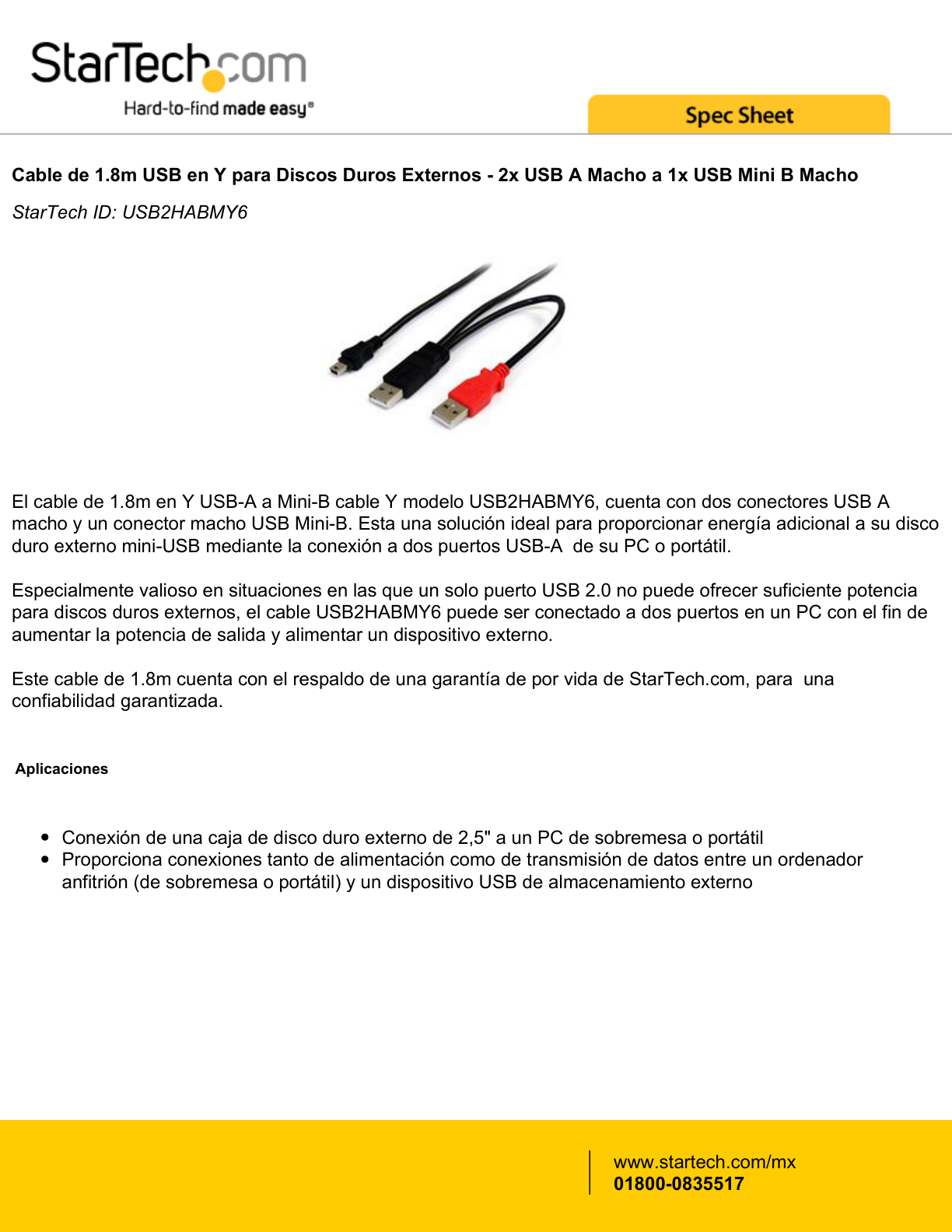 Cable StarTech de 1.8M USB en Y Para Discos Duros Externos - 2x USB-A Macho a 1x USB Mini-B Macho