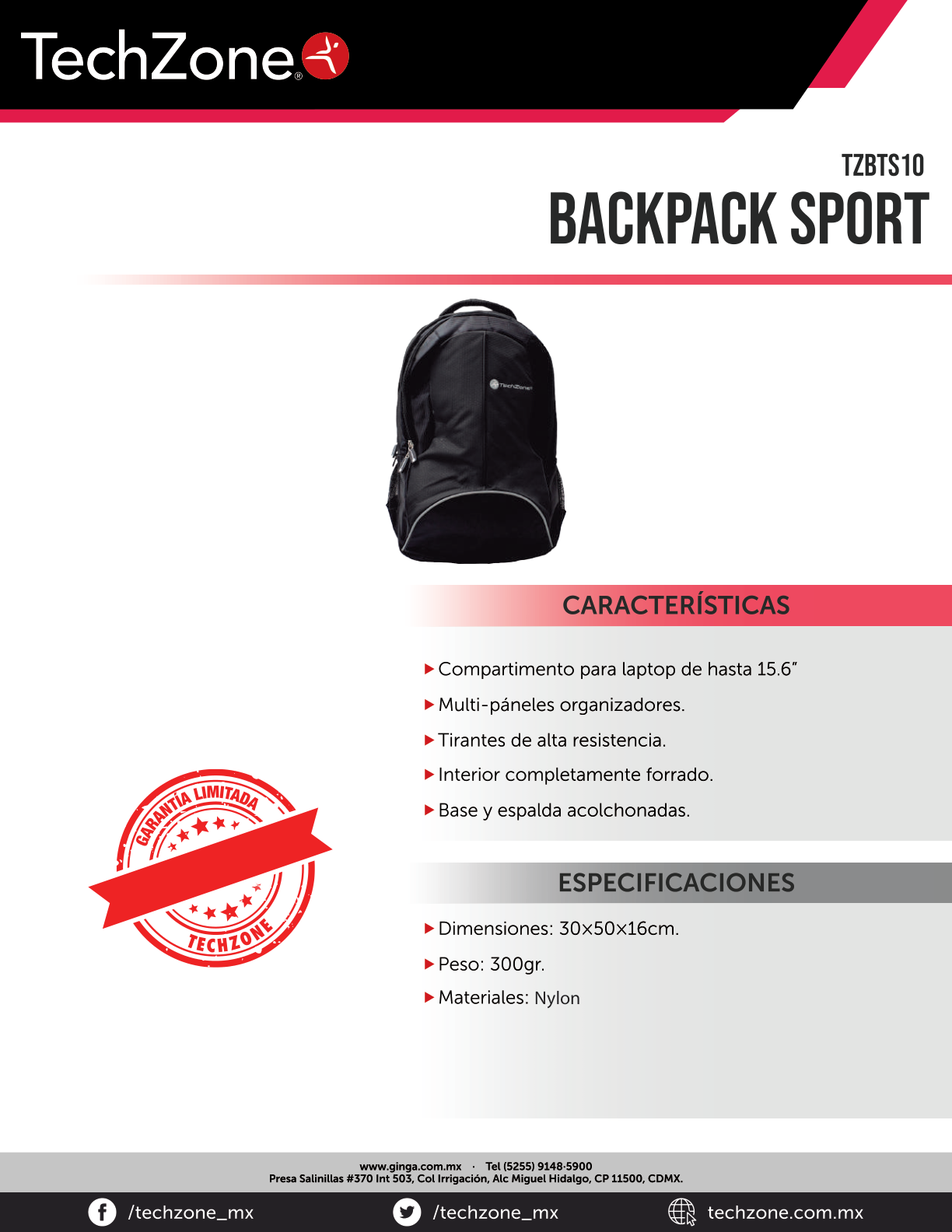 Mochila Techzone Eco Sport S10 negro para portatil 15.6 95% PET 5% Poliester