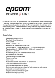 UPS Con Más Potencia de 600VA / 360 W Con Display LCD y Regulador de Voltaje AVR, 4 Contactos NEMA 5-15R, Batería 7 Ah y Puertos RJ45 y USB