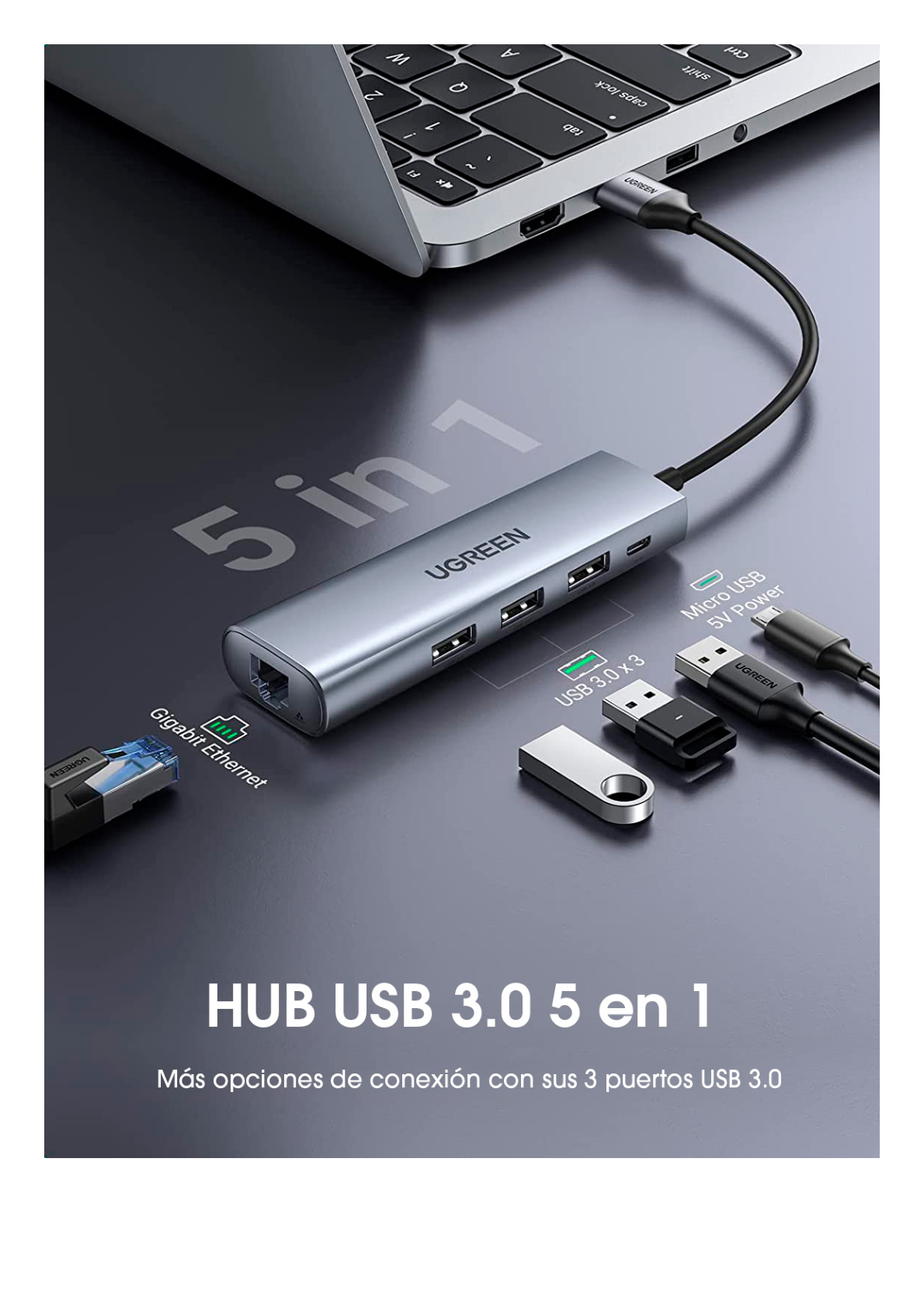 HUB USB-A (Docking Station) 5 en 1 | 3 USB-A 3.0 (5Gbps) | 1 RJ45 (Gigabit Ethernet) | Entrada Micro USB | Luz Indicadora LED | Doble Chip de Última Generación | Caja ABS + PC | Interfaz Niquelada | Color Gris Metalizado.