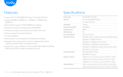 Switch Cudy GS1028PS2 metálico escritorio/rack 24 puertos gigabit PoE 802.3af max. 300W 2 puertos SFP gigabit