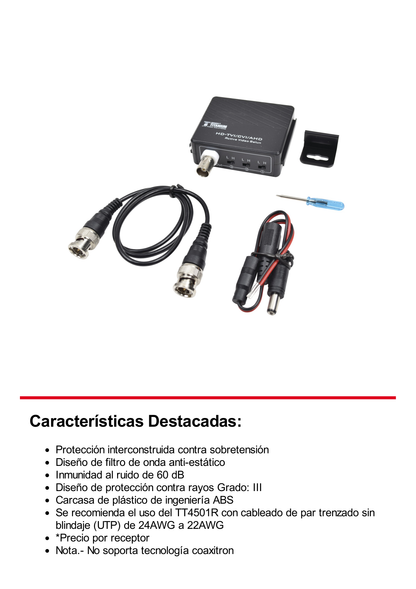 (TRANSCEPTOR) RECEPTOR DE VIDEO ACTIVO DE LARGO ALCANCE /  400 Metros con RECEPTOR ACTIVO TT4501T / Resolución 2 MP / Compatible con cámaras HD-TVI/CVI/AHD/CVBS / Protección Interconstruida contra sobretensión.