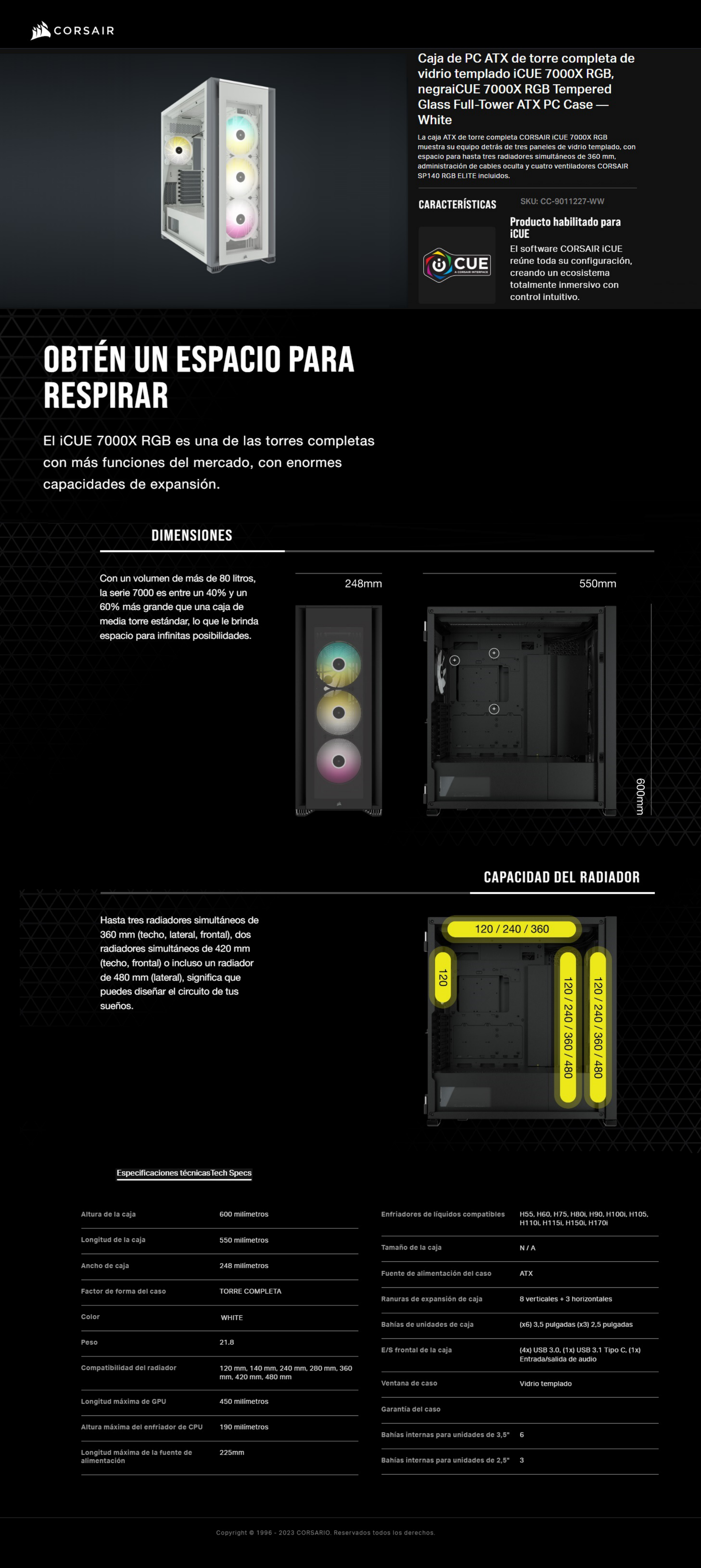 Gabinete Corsair ICUE 7000X RGB blanco cristal templado 3 paneles de cristal ATX torre 4*ventiladores RGB Elite