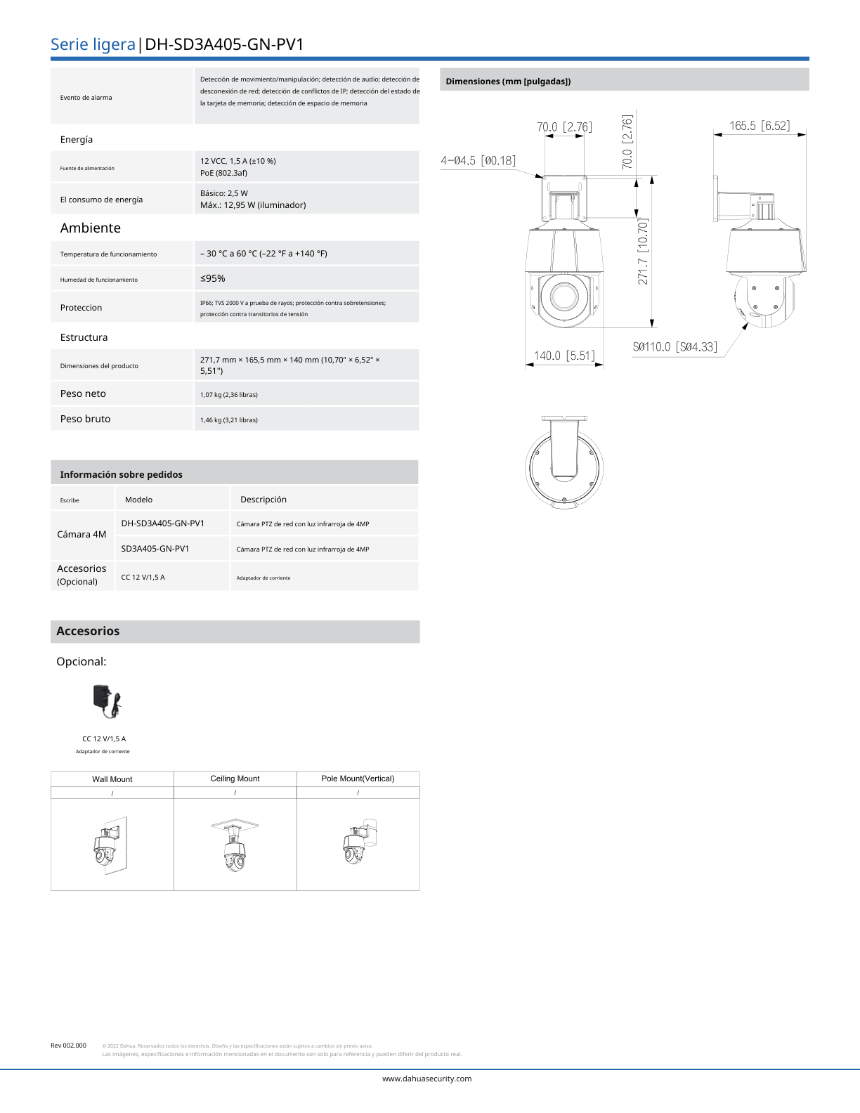 Camara Dahua DH-SD3A405-GN-PV1 PTZ IP 4 mpx lente 5 x de zoom optico IR 30 m audio ranura microsd IP66