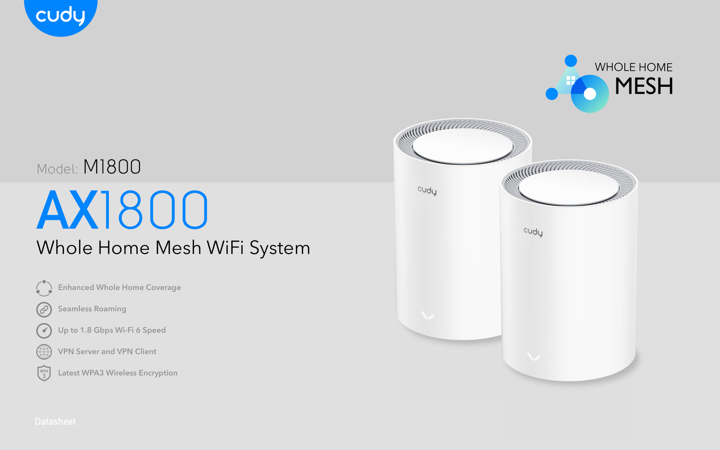 Sistema Mesh Cudy M1800 (3 piezas) Wi-Fi 6 AX1800 (2 puertos RJ45 gigabit 4 antenas internas por pieza) MU-MIMO Beamforming