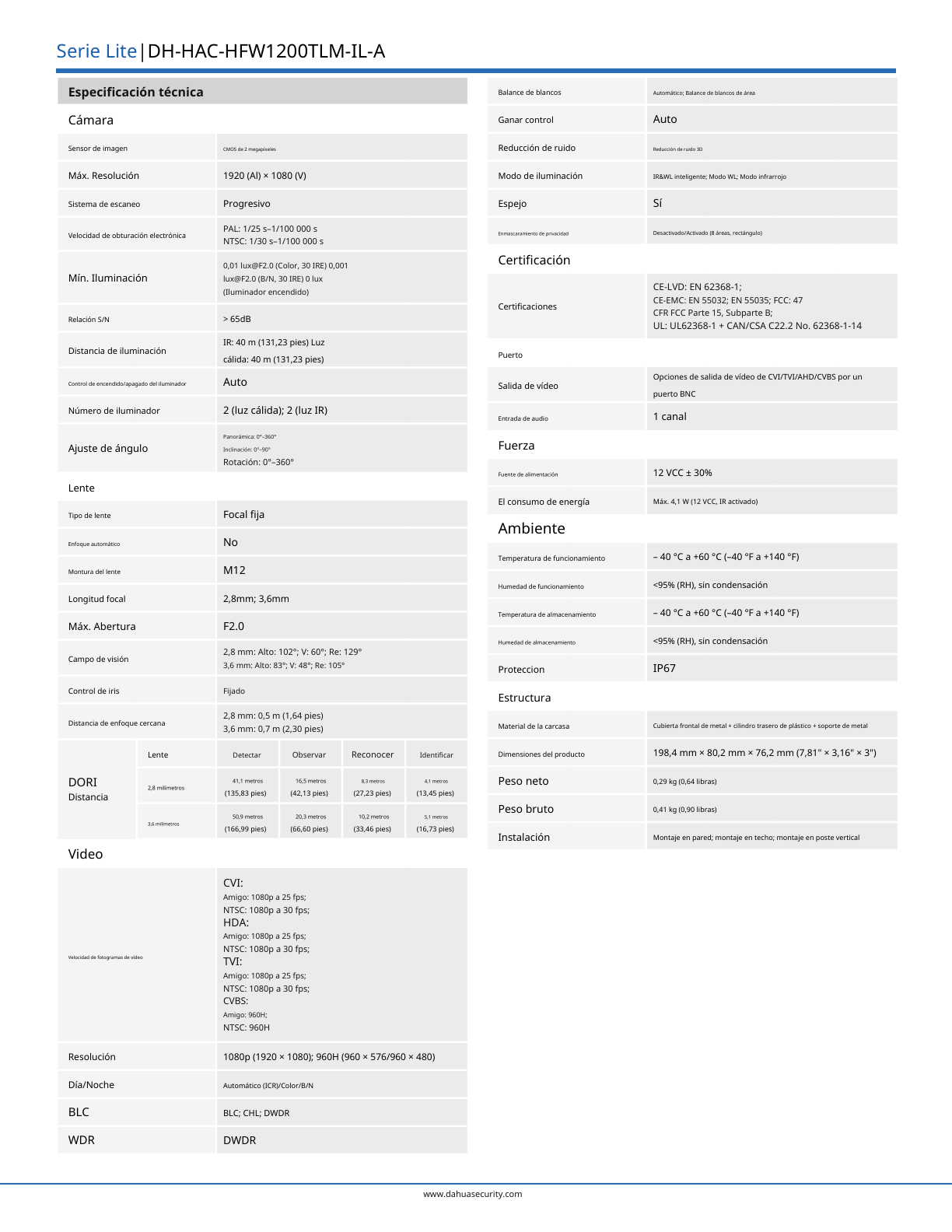 Camara Dahua DH-HAC-HFW1200TLMN-IL-A bullet full color 2 mpx lente 2.8mm IR 40 m metalica exterior e interior 102 gds aperura microfono integrado