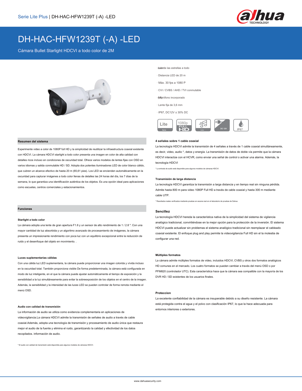 Camara Dahua DH-HAC-HFW1239TN-A-LED-0360B bullet full color 2 mpx 1080p lente 3.6 mm IR 20 m metalica exterior microfono IP67