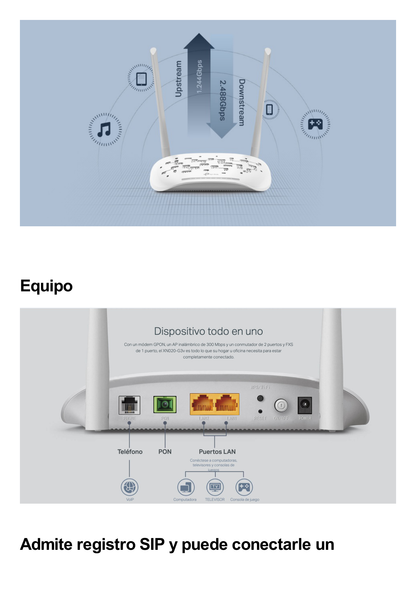 ONU/ONT - Router inalámbrico GPON N 300 Mbps / Frecuencia de 2.4 GHz / 1 puerto GPON SC-APC / 2 puertos LAN (1 GE/ 1 FE) / 1 puerto POTS (FXS) / Soporta AgiNet Config - AgiNet ASC (herramiento de gestión remota)