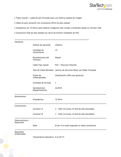 Cable StarTech de 3M Coaxial de Video VGA Para Pantalla de Alta Resolución - 2x HD15 Macho StarTech