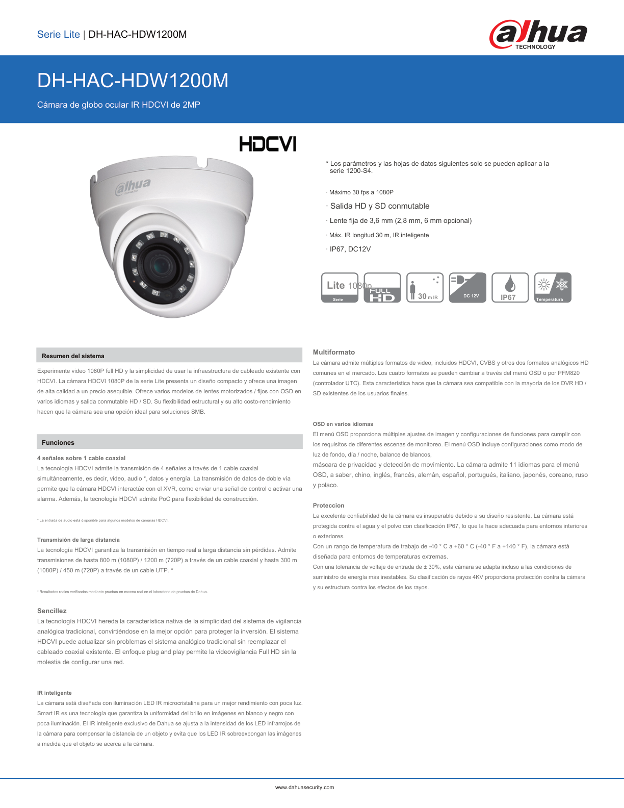 Camara Dahua DH-HAC-HDW1200MN-0280B-S4 domo 1080p lente 2.8mm IR 30 m metalica 101gds apertura IP67