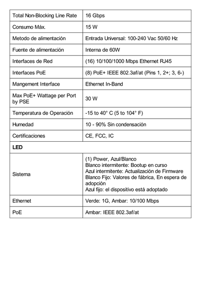 Switch UniFi Lite Administrable PoE de 16 Puertos 10/100/1000 Mbps (8 puertos 802.3af/at), 45 W