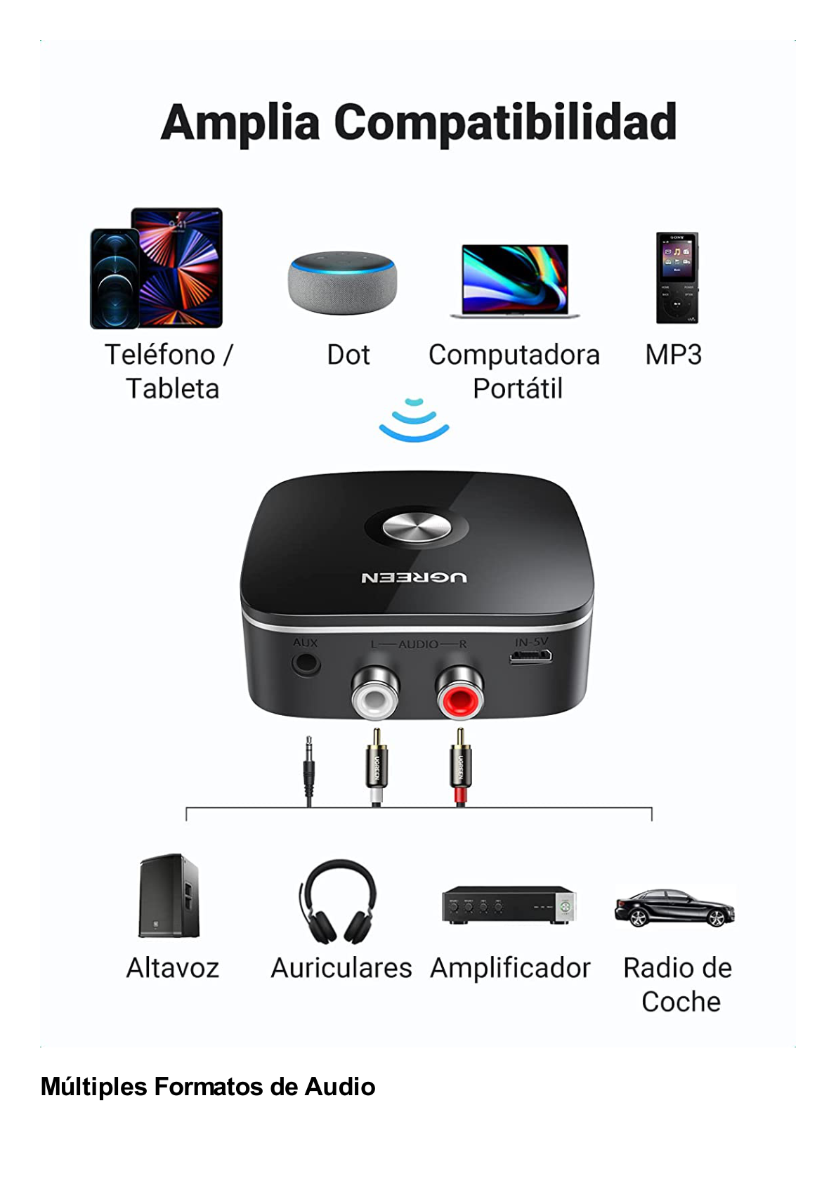 Receptor de Audio Bluetooth 5.0 a RCA o Auxiliar 3.5mm / Tecnología EDR / Reconexión Automática / Hasta 10 m / Ideal para Conectar Celulares, o Tabletas hacia alguna Bocina o Sistema de Audio