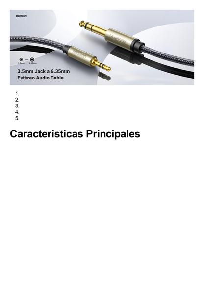 Cable Audio Estéreo 3.5mm (1/8") TRS a 6.35mm (1/4") TS / 1 Metro / Audio de Hi-Fi / Trenza de Nylon / Blindaje Múltiple / Caja de Aleación Zinc / Núcleo de Cobre Puro / Compatibilidad Universal