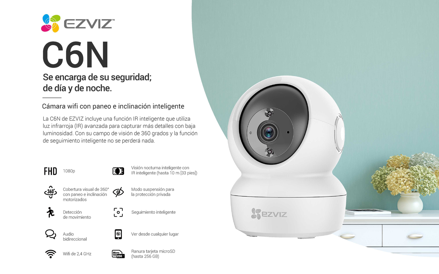 Mini Cámara EZVIZ IP PT 2 MP WiFi Uso Residencial Seguimiento Inteligente Audio Dos Vías MicroSD