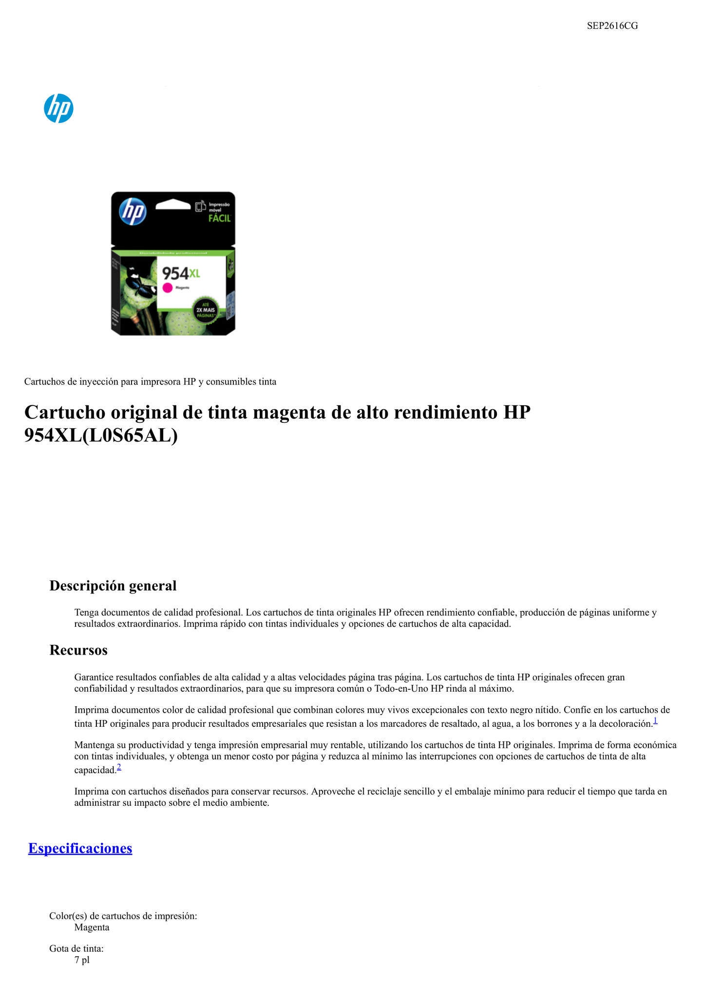 TINTA HP 954XL L0S65AL MAGENTA OFFICEJET PRO 8710/8720/8730 ALTO RENDIMIENTO (1 600 PAG)