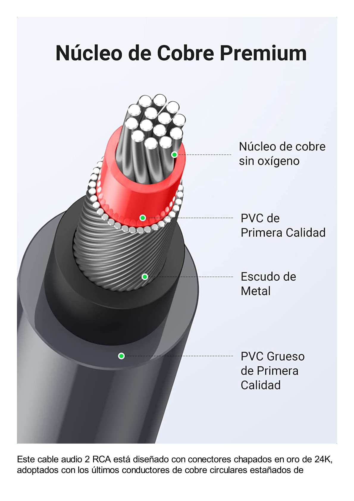 Cable de Audio 2 RCA Macho a 2 RCA Macho / 5 Metros / Color Negro / Alta Calidad / Anillos de goma para asegurar un agarre firme al instalar o quitar el cable