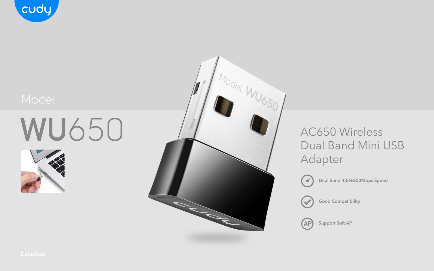 Adaptador inalámbrico USB 2.0 Cudy WU650 Wi-Fi AC650 (2.4Ghz 200Mbps y 5Ghz 433Mbps) diseño compacto