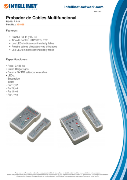 PROBADOR DE CABLE INTELLINET MULTIFUNCIONAL RJ11/RJ45 CON LUCES