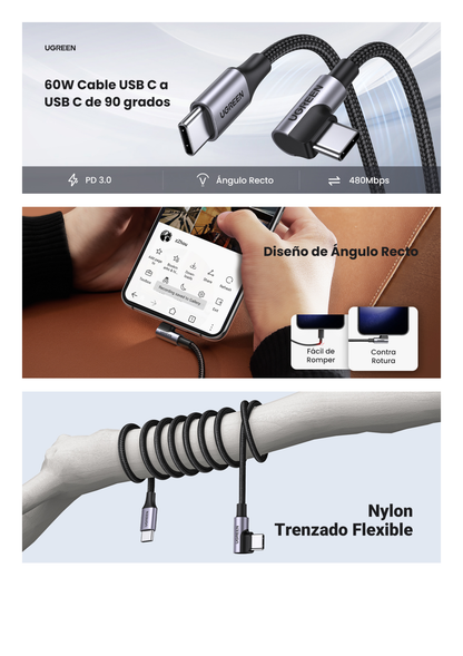 Cable USB-C a USB-C | 1 Metro | Conector con Ángulo Recto de 90° | Carga Rápida de hasta 60W | 480 Mbps | PD3.0 | QC4.0/3.0/2.0 | FPC | AFC | Protección Integrada| Caja de Aluminio | Nylon Trenzado | Color Negro.