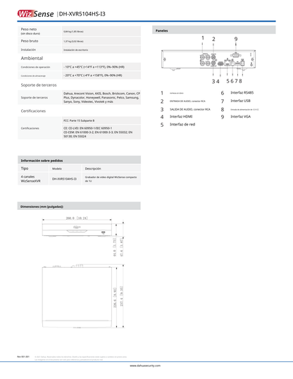 DVR Dahua DH-XVR5104HS-I3 5 mp wizsense soporta 4 canales + 2 IP o hasta 6 canales IP reconocimiento facial y proteccion perimetral en 1 canal 1 puerto SATA