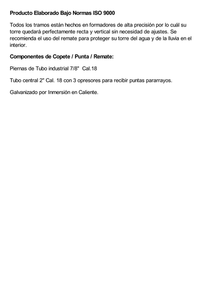 Tramo de Remate (Copete) para Tramo STZ-30G Galvanizado por Inmersión en Caliente con Opresores para Pararrayo.