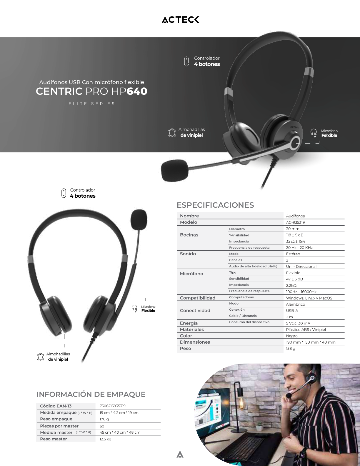 Audífonos Diadema Acteck On Ear Para Call Center Pro HN640 USB-A + Micrófono con Control de Volumen y Silencio