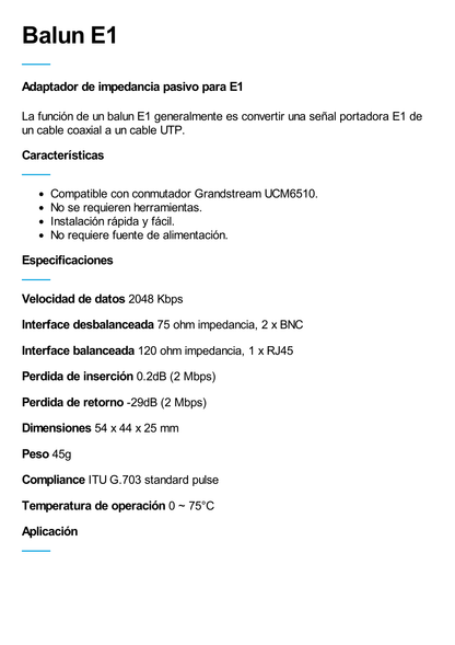 Balun E1 -Adaptador BNC hembra 75 ohms a jack RJ45 120 ohms