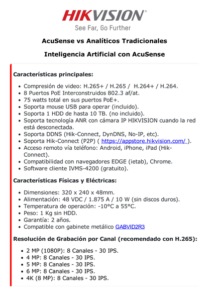 NVR 12 Megapíxel (4K) / 8 canales IP / 8 Puertos PoE+ / Reconocimiento Facial / AcuSense (Evita Falsas Alarmas) / 1 Bahías de Disco Duro / HDMI en 4K / 300 Metros PoE Modo Extendido