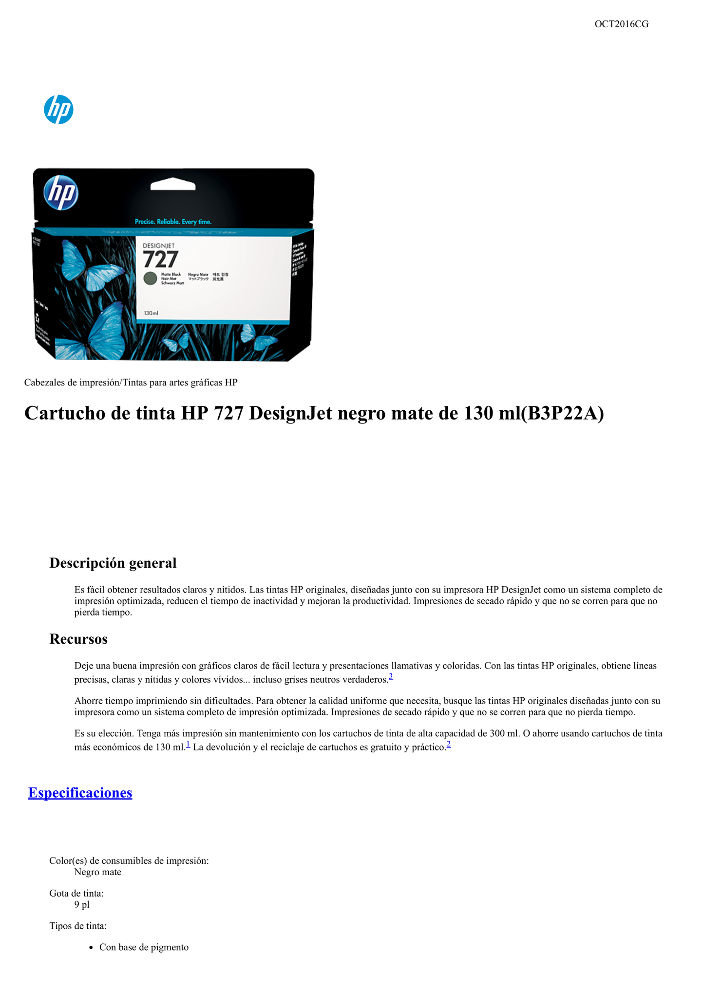 TINTA HP LF 727 B3P22A NEGRO MATE DesignJet T1500 /T2500/T920 130ML