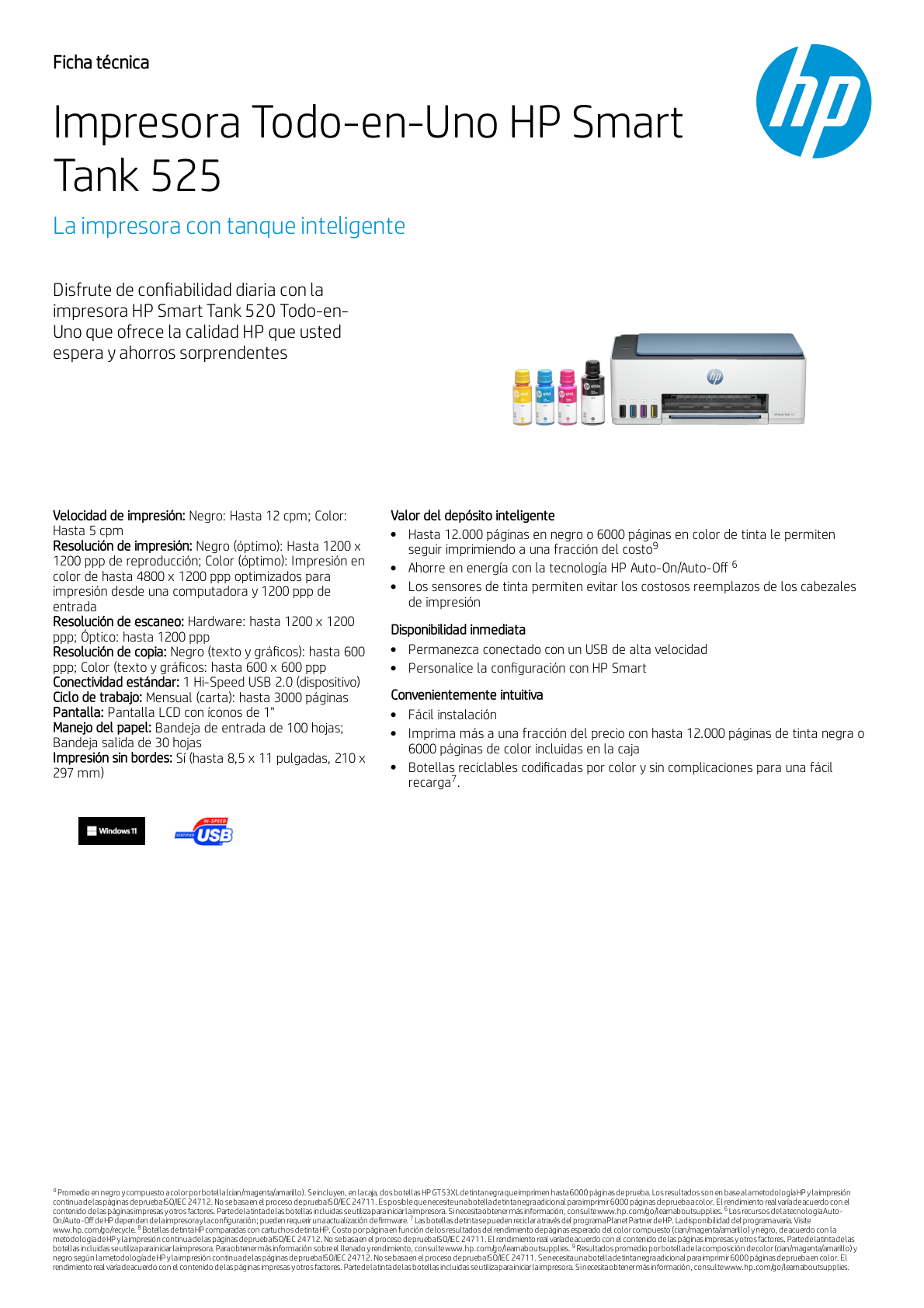 Multifuncional HP Smart tank 525 tinta continua Impresora/Escaner/Copiadora 12ppm Color