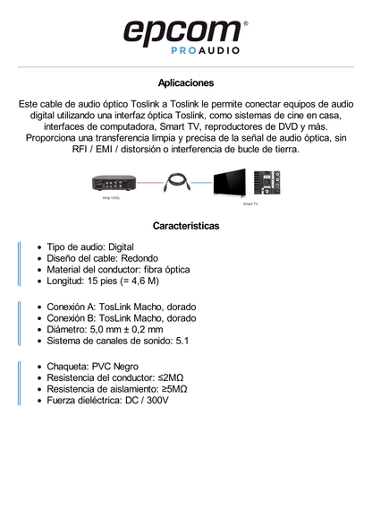 Cable Toslink de Fibra Óptica de 4.6m | Ideal para Mandar Audio Digital para Sistemas de Alta Calida | Compatible con Amplificadores VSSL