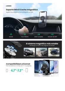 Soporte de Celular Magnético para Auto | 4 Imanes N45 | Adhesivo 3M | Amplia Compatibilidad 4.7 a 7.2” | Rotación de 360° | Tamaño Compacto | 2 láminas magnéticas incluidas | Color Negro.