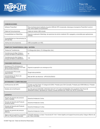 UPS Standby TrippLite INTERNET550U 550VA/300W monofásico 10 NEMA 5-15R (5 con protección batería) ultracompacto 1 puerto USB