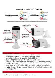 [Audio Bidireccional + Dual Light + ColorVu] Bala TURBOHD 2 Megapixel (1080p) / Lente 2.8 mm / 30 mts IR EXIR + 20 mts Luz Blanca / Micrófono y Bocina Integrado / Exterior IP67 / Metal / dWDR