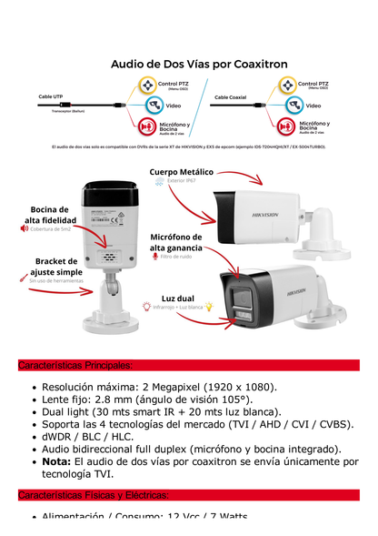 [Audio Bidireccional + Dual Light + ColorVu] Bala TURBOHD 2 Megapixel (1080p) / Lente 2.8 mm / 30 mts IR EXIR + 20 mts Luz Blanca / Micrófono y Bocina Integrado / Exterior IP67 / Metal / dWDR