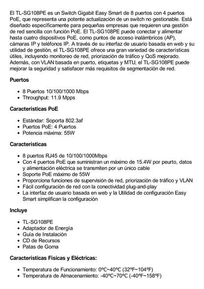 Easy Smart Switch PoE JetStream , 8 puertos 10/100/1000 Mbps  55 W