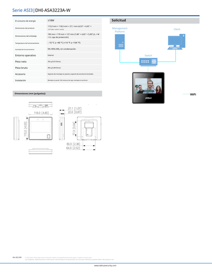 Control Dahua DHI-ASA3223A-W de asistencia con pantalla touch de 4.3 pulgadas reconocimiento facial WIFI 2000 rostros y contraseñas