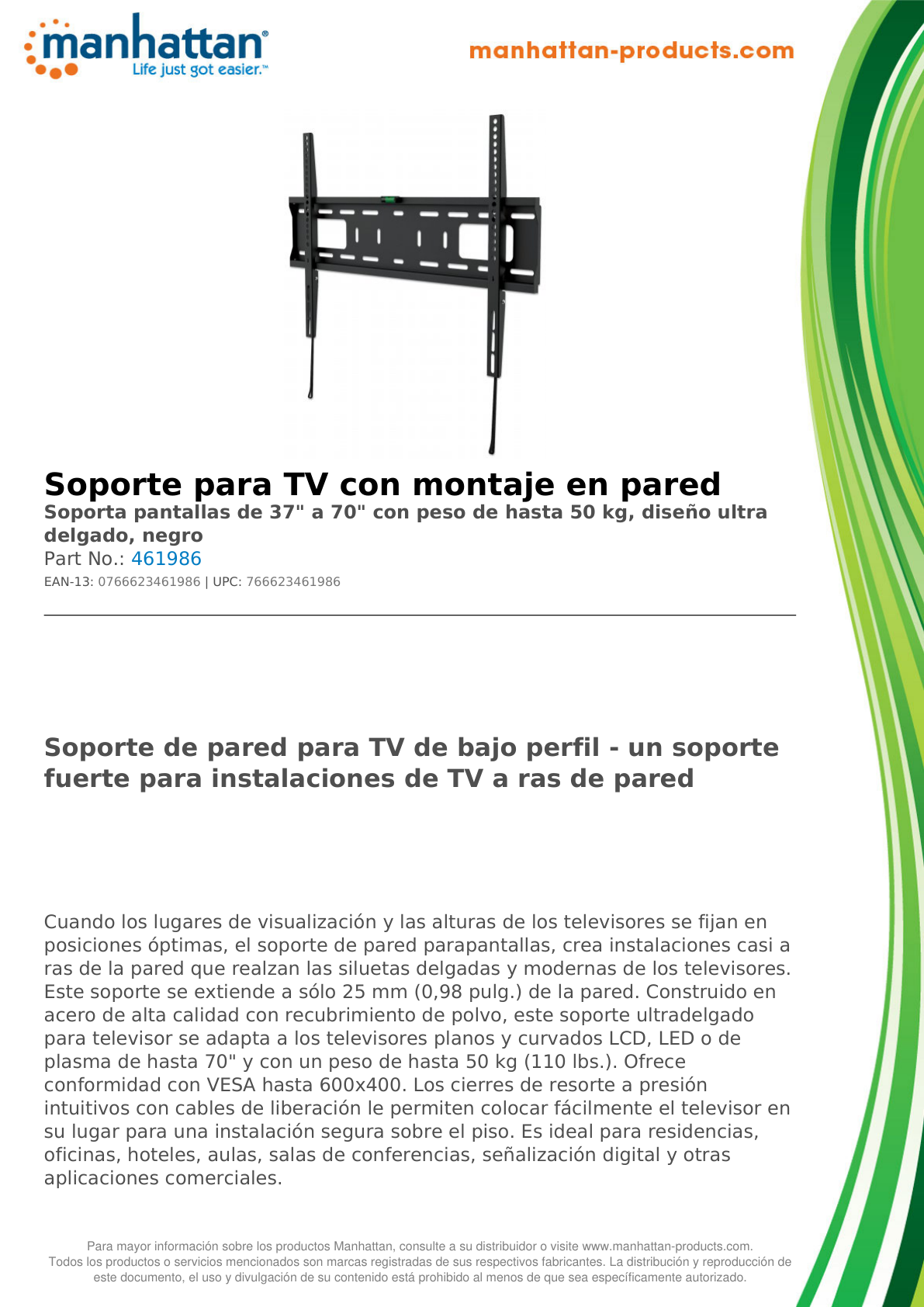 SOPORTE MANHATTAN PARA TV 37 A 70 PULG PARED 50KG FIJO PANTALLAS PLANAS 461986