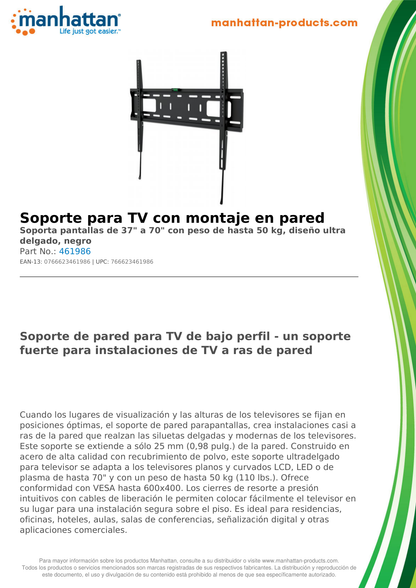 SOPORTE MANHATTAN PARA TV 37 A 70 PULG PARED 50KG FIJO PANTALLAS PLANAS 461986