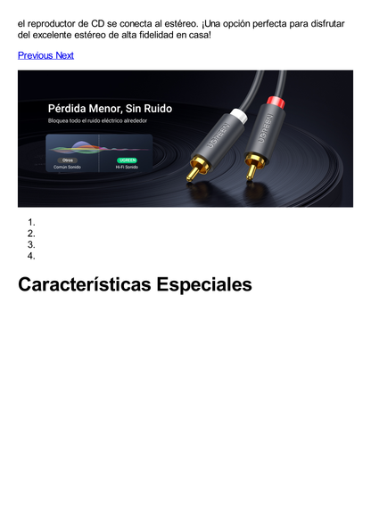 Cable de Audio 2 RCA Macho a 2 RCA Macho / 5 Metros / Color Negro / Alta Calidad / Anillos de goma para asegurar un agarre firme al instalar o quitar el cable