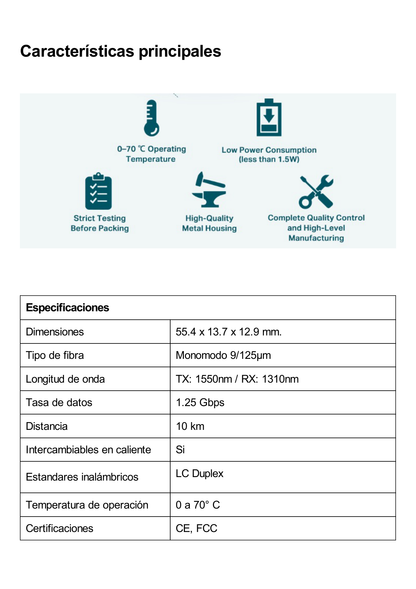 Transceptor mini-GBIC / SFP WDM Bi-Direccional / Monomodo 1GBase / Distancia 10 KM / Conector LC / (Necesita el modelo TL-SM321B para enlazar)