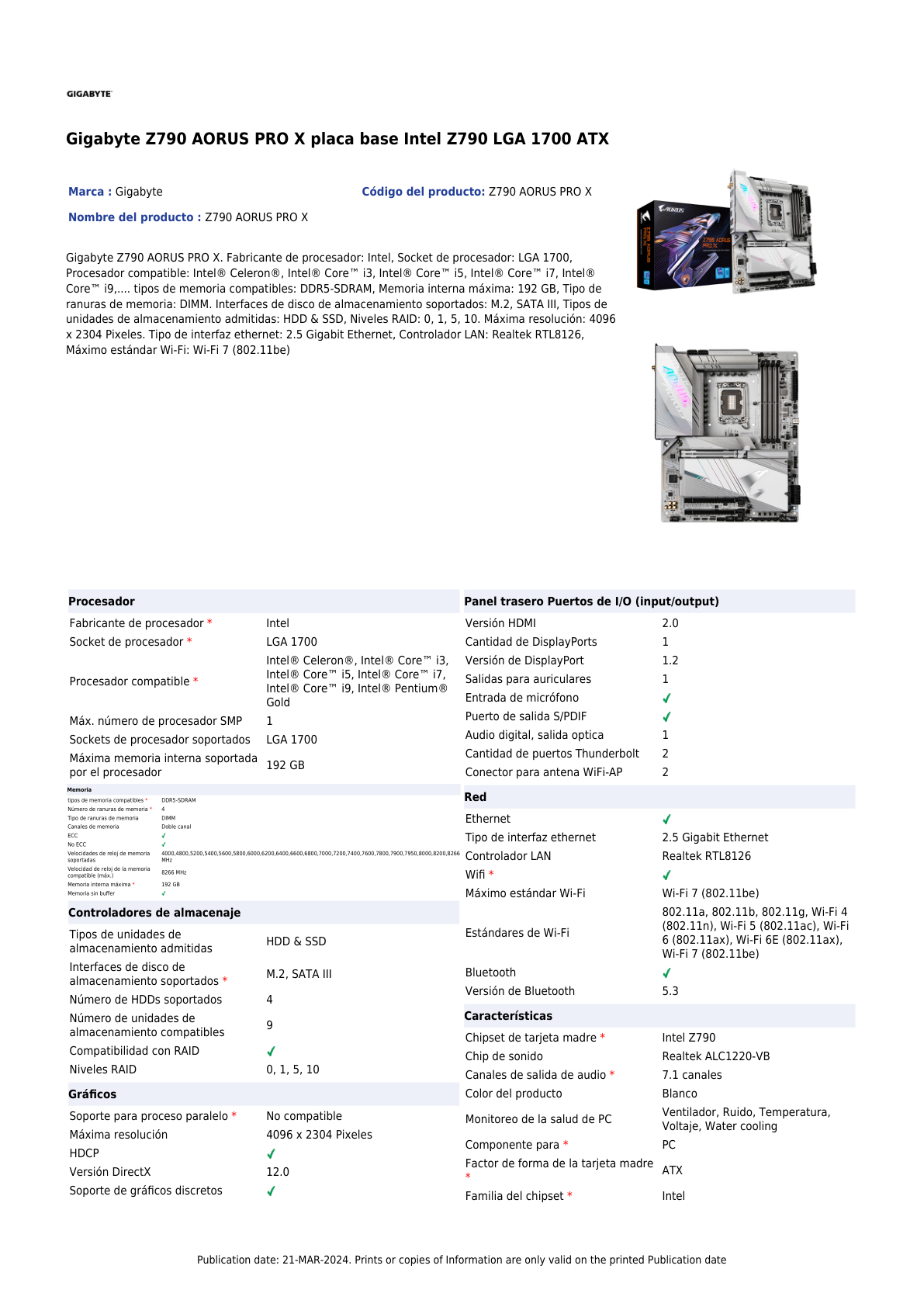 Tarjeta madre Gigabyte AORUS PRO X socket 1700 14a Gen 4xDDR5 1xHDMI 1xDP WIFI