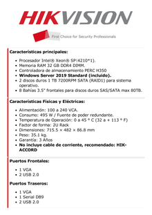 Servidor de Administración / Intel Xeon SP / Windows Server 2019 / 2 U Rack / 32 GB RAM DDR4 DIMM / 4 Puertos RJ45 Gigabit / 1 TB SATA X 2 para S.O. / Fuente Redundante / Servidor para Multiples Marcas