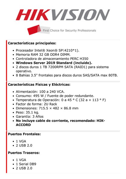 Servidor de Administración / Intel Xeon SP / Windows Server 2019 / 2 U Rack / 32 GB RAM DDR4 DIMM / 4 Puertos RJ45 Gigabit / 1 TB SATA X 2 para S.O. / Fuente Redundante / Servidor para Multiples Marcas