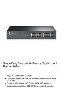 Switch Easy Smart PoE+, 16 puertos 10/100/1000Mbps, 8 puertos PoE+, 150W