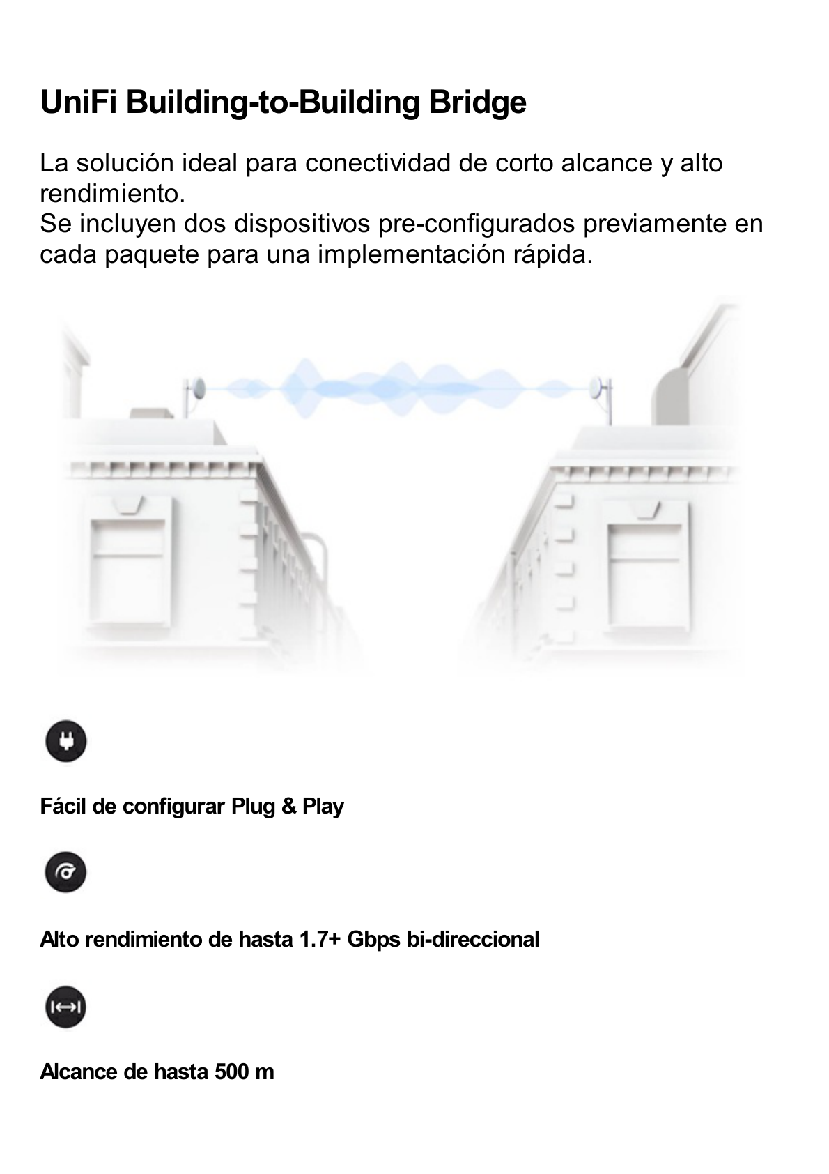 Kit UniFi Building Bridge de 1+ Gbps en 60 GHz con radio redundante en 5 GHz, alcance de hasta 500 m