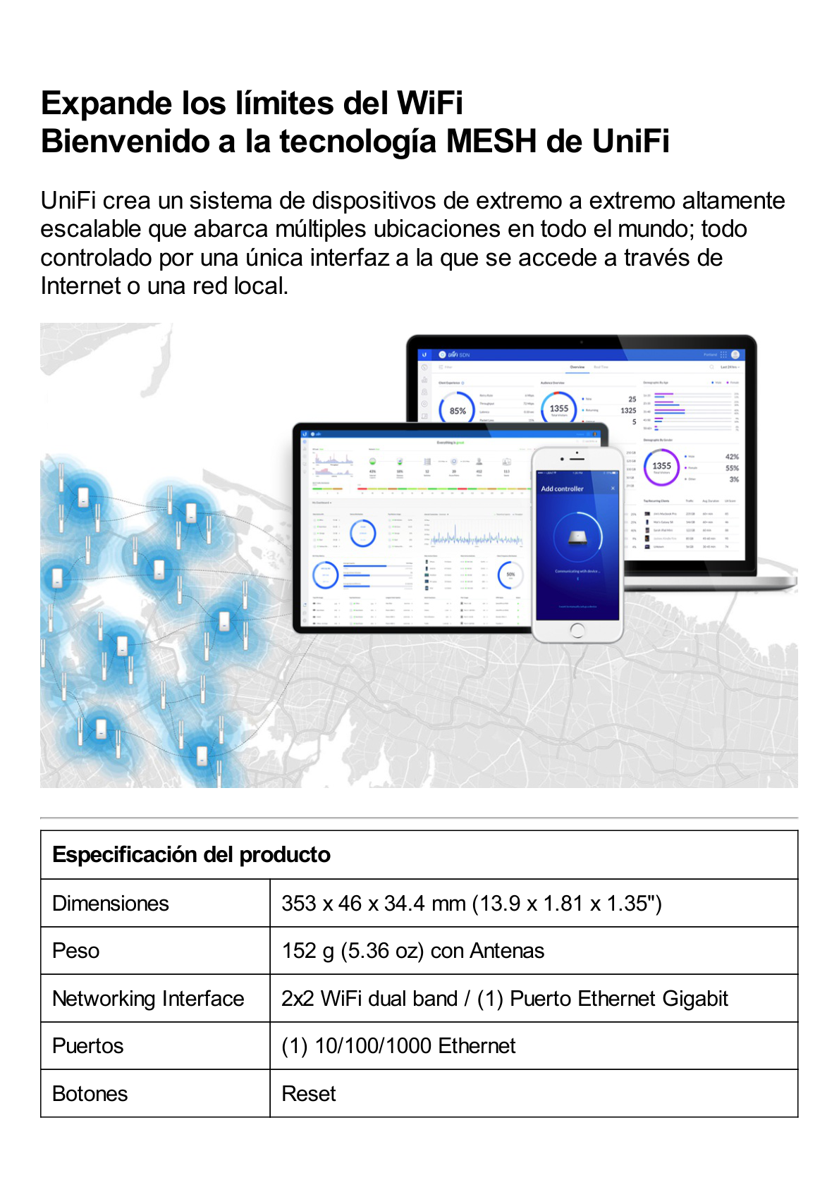 Access Point UniFi MESH para exterior 802.11ac doble banda 2.4/5 GHz, MIMO 2x2, antenas desmontables, hasta 1167 Mbps