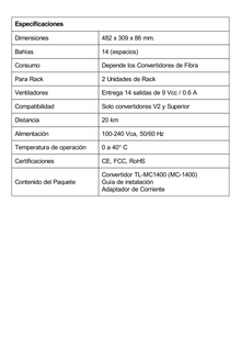 Chasis para Montaje en Rack de 14 bahías / Soporta Convertidores de Fibra Óptica TP-Link /  Compatibles (MC111CS, MC112CS, MC220L, MC110CS, MC100CM, MC210CS, MC200CM) / Plug and Play