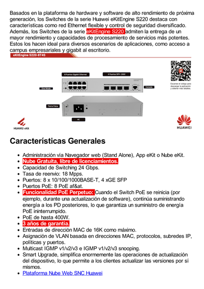 Switch Gigabit Administrable PoE Capa 2 / 8 puertos 10/100/1000 Mbps (PoE) / 4 Puertos SFP Uplink / 125W / PoE Perpetuo / Administración Nube Gratis